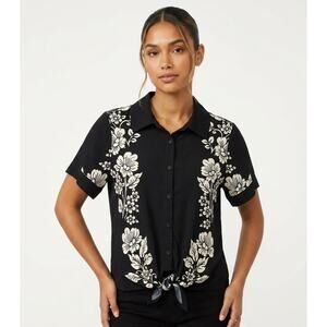 Rich & Famous Black Floral Button-Front Tie Hem Top – Size Large